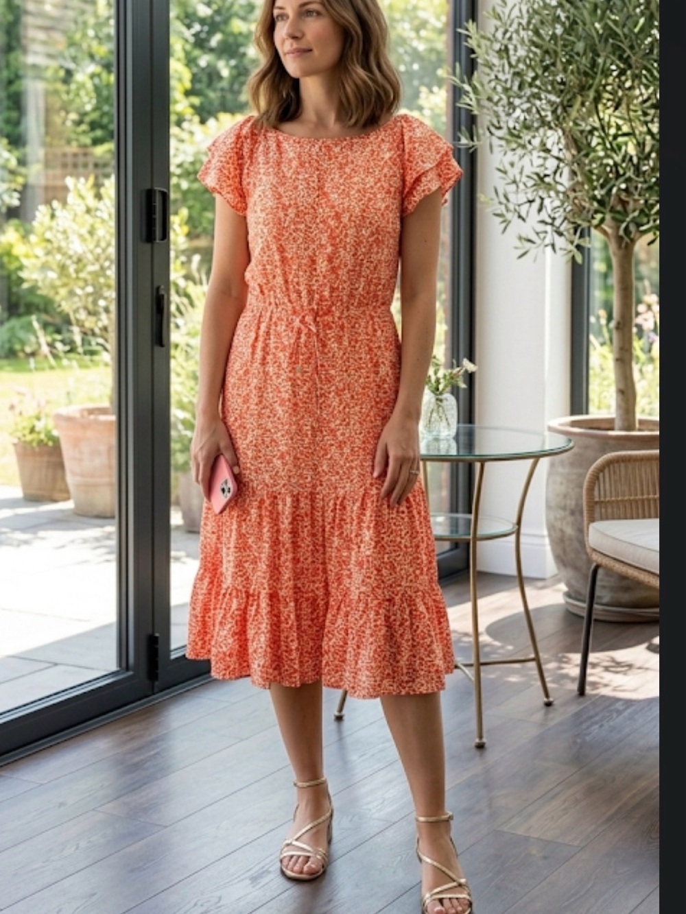Women's Orange Floral Tiered Midi Dress